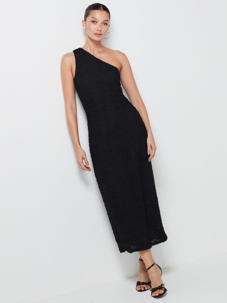 Schwarz - Strukturiertes One-Shoulder-Midikleid - Bild 1 von 9