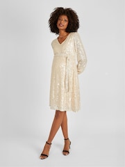 JoJo Maman Bébé Champagne Gold Sequin V-Neck Maternity Mini Dress - Image 1 of 5