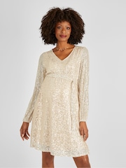 JoJo Maman Bébé Champagne Gold Sequin V-Neck Maternity Mini Dress - Image 2 of 5