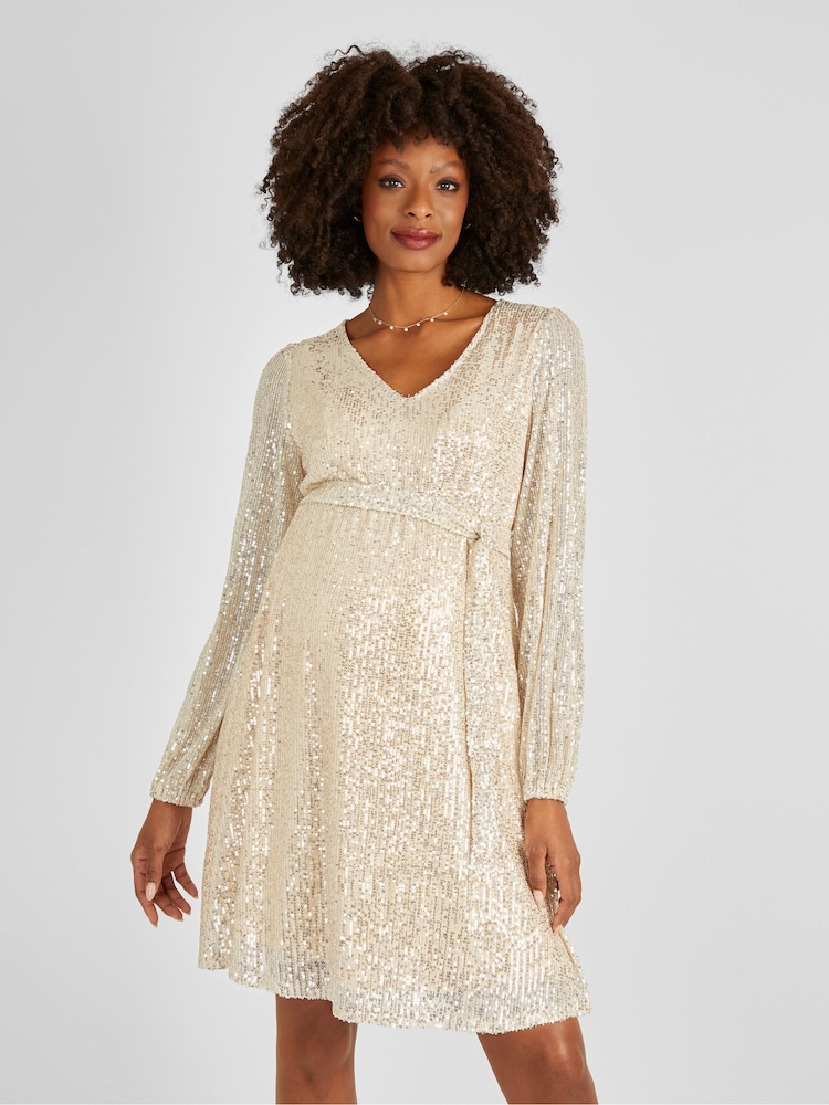 JoJo Maman Bébé Champagne Gold Sequin V-Neck Maternity Mini Dress - Image 2 of 5