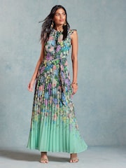 Love & Roses Green Floral Flutter Sleeve Pleated Midaxi Dress - Image 1 of 4
