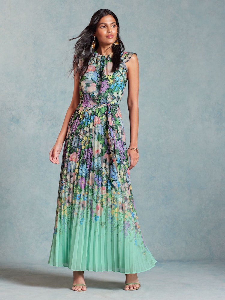 Love & Roses Green Floral Flutter Sleeve Pleated Midaxi Dress - Image 1 of 4