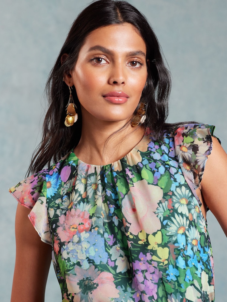 Love & Roses Green Floral Flutter Sleeve Pleated Midaxi Dress - Image 2 of 4