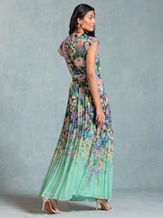 Love & Roses Green Floral Flutter Sleeve Pleated Midaxi Dress - Image 3 of 4