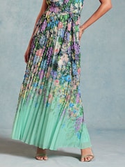 Love & Roses Green Floral Flutter Sleeve Pleated Midaxi Dress - Image 4 of 4