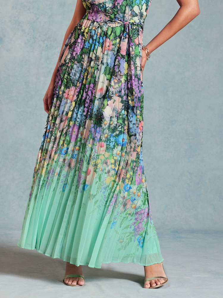 Love & Roses Green Floral Flutter Sleeve Pleated Midaxi Dress - Image 4 of 4