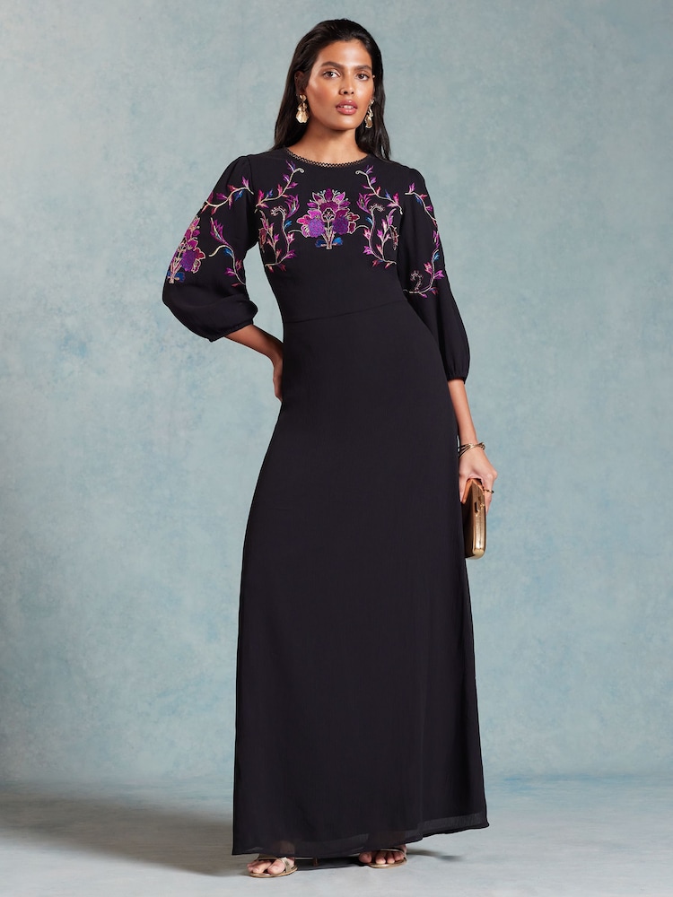 Love & Roses Black Embroidered Puff Sleeve Maxi Dress - Image 1 of 4 Love & Roses Black Embroidered Puff Sleeve Maxi Dress - Image 1 of 4