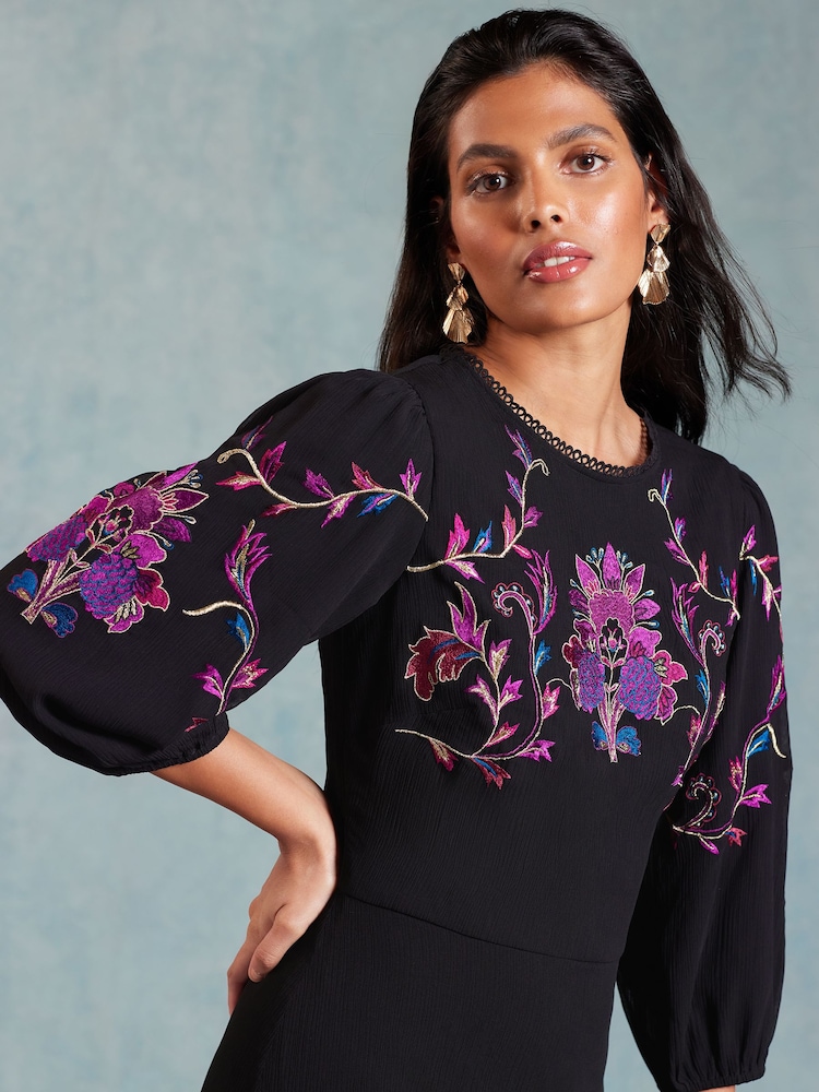 Love & Roses Black Embroidered Puff Sleeve Maxi Dress - Image 2 of 4 Love & Roses Black Embroidered Puff Sleeve Maxi Dress - Image 2 of 4