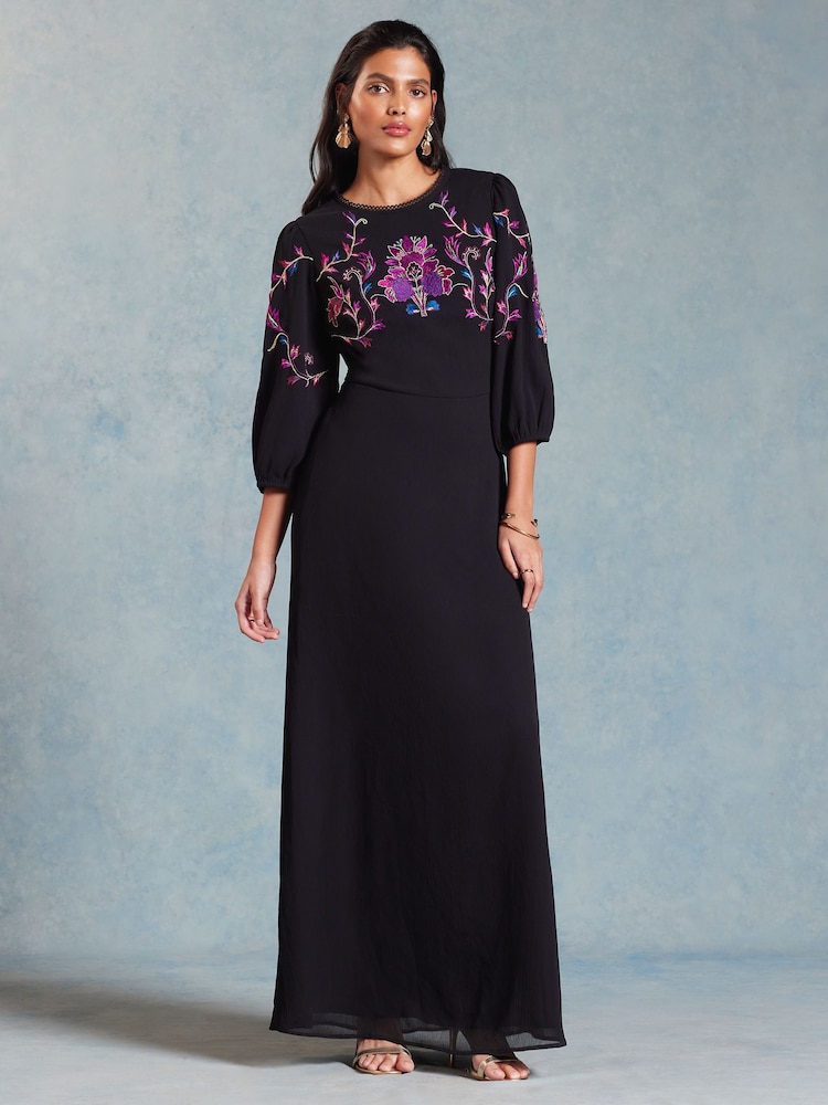 Love & Roses Black Embroidered Puff Sleeve Maxi Dress - Image 4 of 4 Love & Roses Black Embroidered Puff Sleeve Maxi Dress - Image 4 of 4