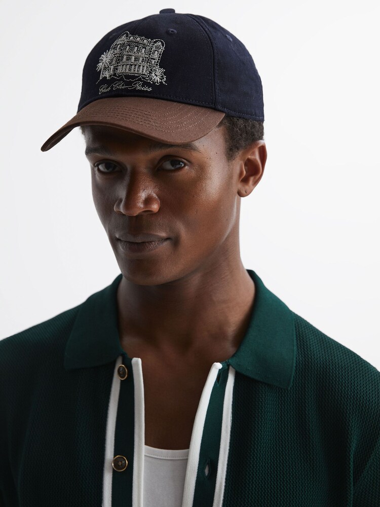 Reiss Navy/Tobacco Palermo Reiss | Ché Embroidered Baseball Cap - Image 2 of 4 Reiss Navy/Tobacco Palermo Reiss | Ché Embroidered Baseball Cap - Image 2 of 4