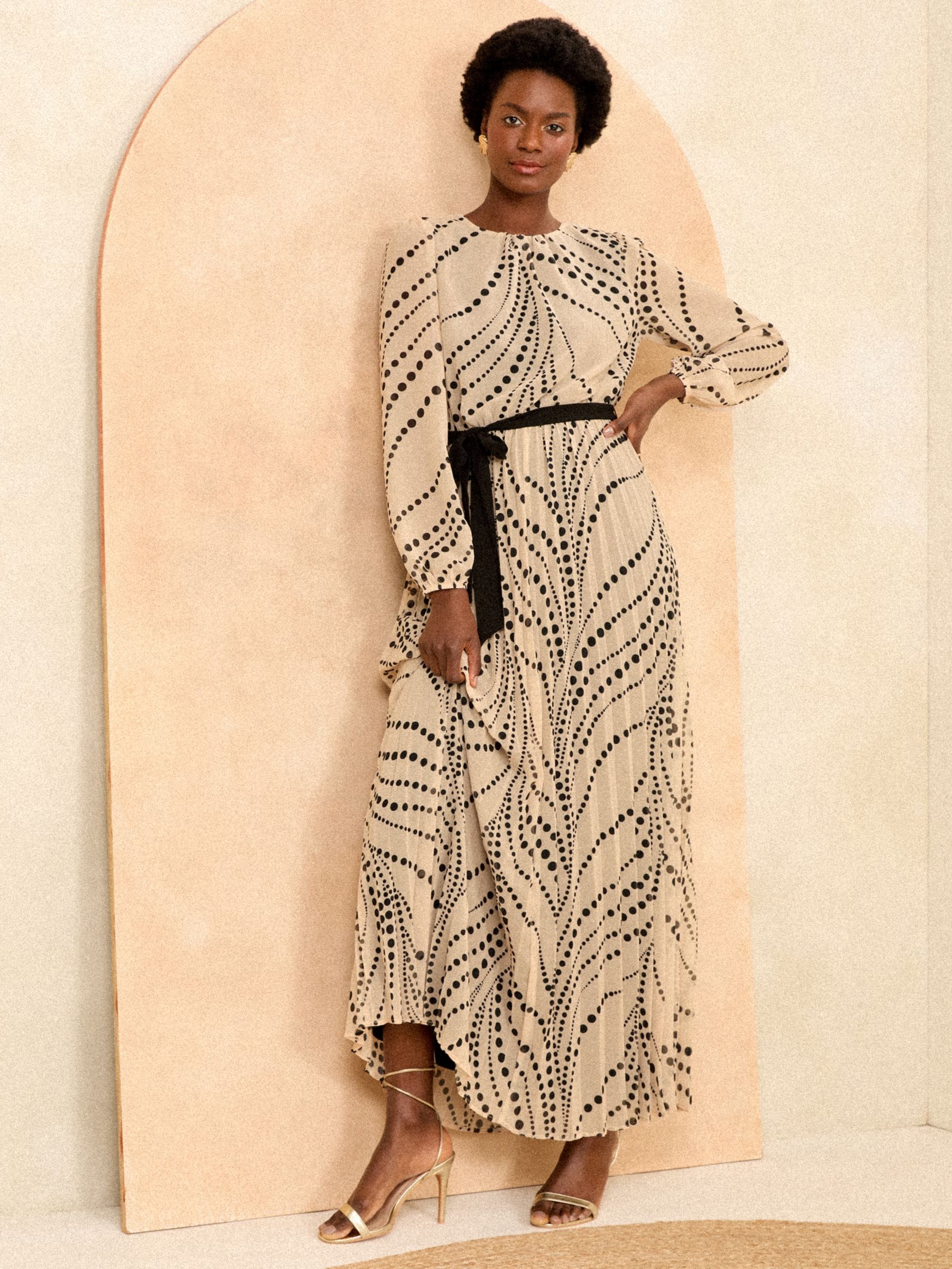 Buy Love Roses White Polka Dot Belted Long Sleeve Pleated Maxi Dress from Next Luxembourg