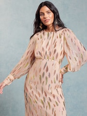 Love & Roses Pink Metallic Long Sleeve Round Neck Midi Dress - Image 4 of 4