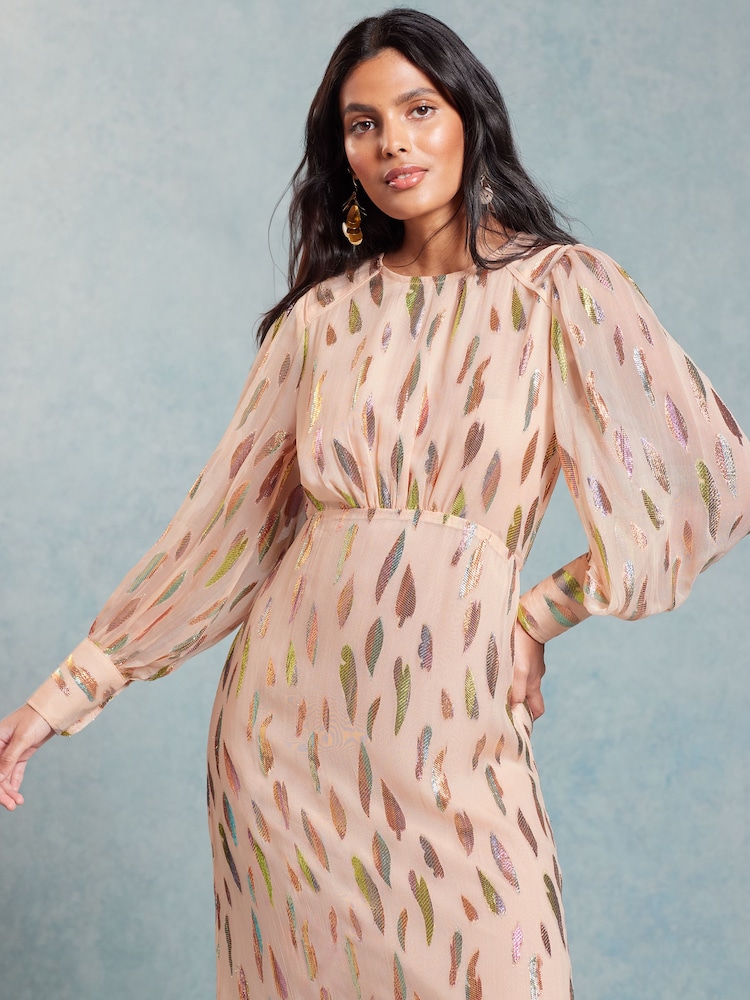 Love & Roses Pink Metallic Long Sleeve Round Neck Midi Dress - Image 4 of 4