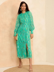 Love & Roses Green Metallic Long Sleeve Round Neck Midi Dress - Image 1 of 4
