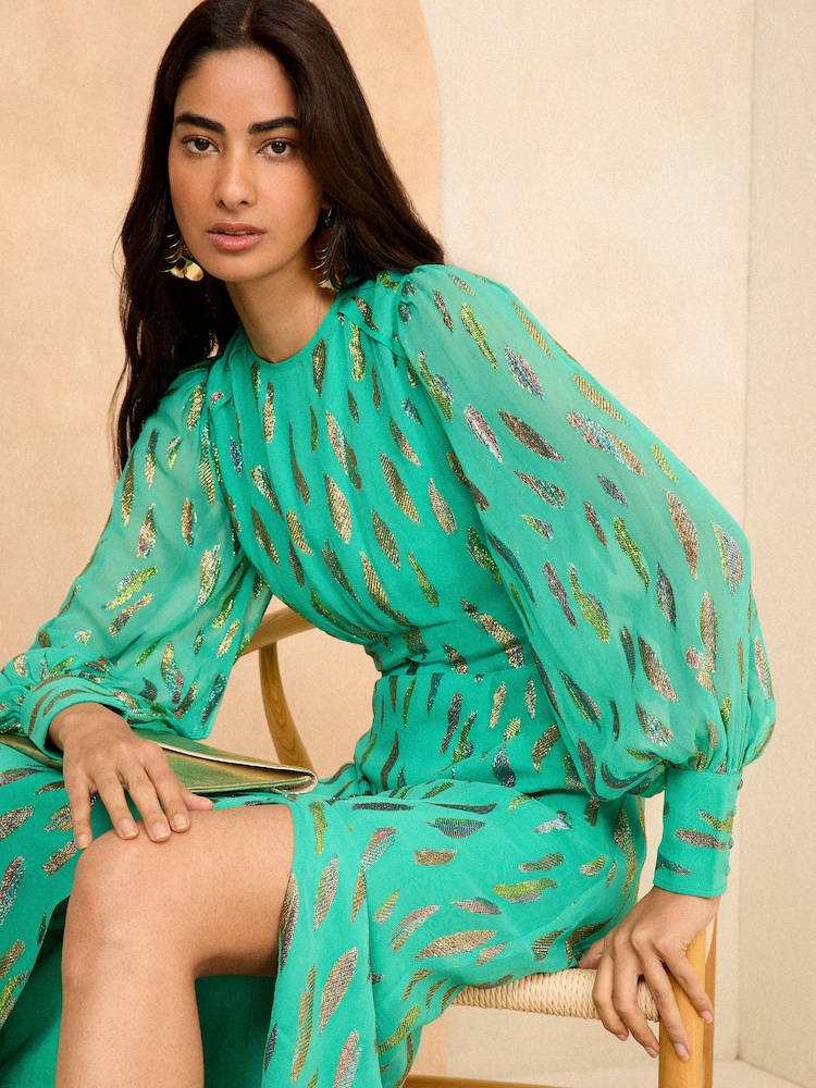 Love & Roses Green Metallic Long Sleeve Round Neck Midi Dress - Image 2 of 4