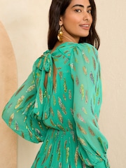 Love & Roses Green Metallic Long Sleeve Round Neck Midi Dress - Image 3 of 4