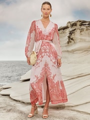 Love & Roses Orange Paisley Printed Metallic Belted Midi Dress - Image 1 of 5