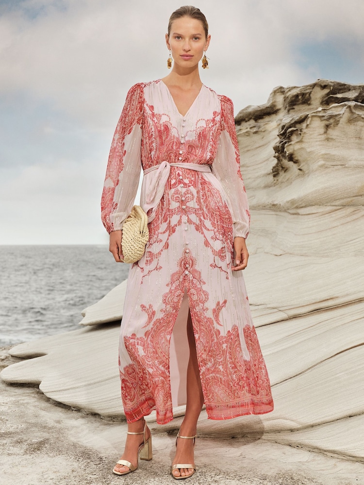 Love & Roses Orange Paisley Printed Metallic Belted Midi Dress - Image 1 of 5