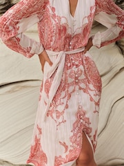 Love & Roses Orange Paisley Printed Metallic Belted Midi Dress - Image 2 of 5