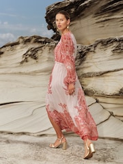 Love & Roses Orange Paisley Printed Metallic Belted Midi Dress - Image 3 of 5