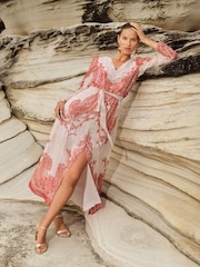 Love & Roses Orange Paisley Printed Metallic Belted Midi Dress - Image 4 of 5