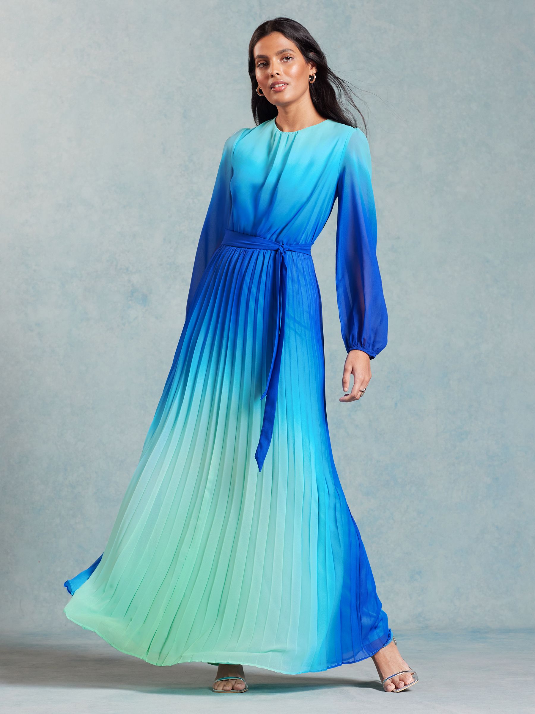 Buy Love Roses Blue Ombre Belted Long Sleeve Pleated Maxi Dress from Next Luxembourg