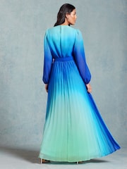 Love & Roses Blue Ombre Belted Long Sleeve Pleated Maxi Dress - Image 2 of 4