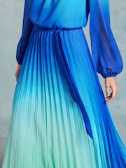 Love & Roses Blue Ombre Belted Long Sleeve Pleated Maxi Dress - Image 3 of 4