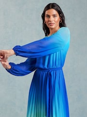 Love & Roses Blue Ombre Belted Long Sleeve Pleated Maxi Dress - Image 4 of 4