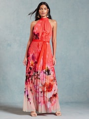 Love & Roses Orange Floral Pleated Halterneck Maxi Dress - Image 1 of 4