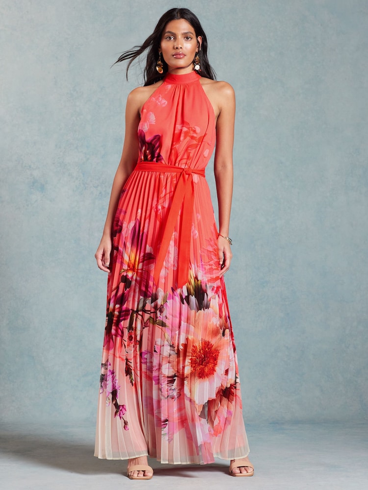 Love & Roses Orange Floral Pleated Halterneck Maxi Dress - Image 1 of 4