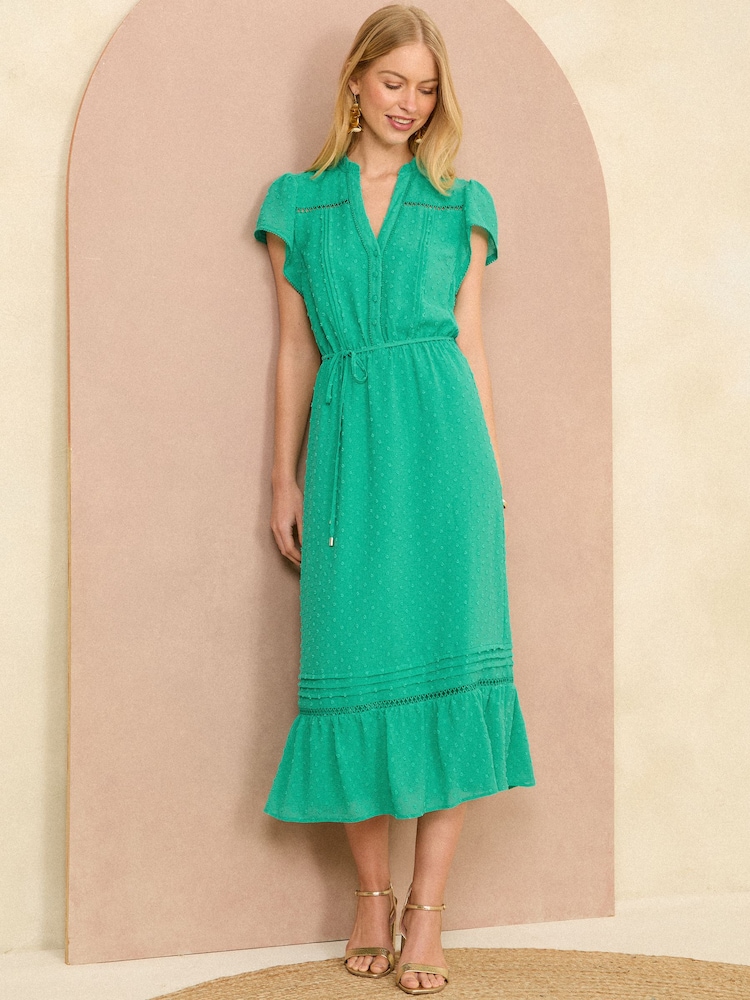 Love & Roses Green Dobby Belted Midi Dress - Image 1 of 4 Love & Roses Green Dobby Belted Midi Dress - Image 1 of 4