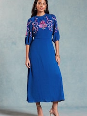 V&A | Love & Roses Blue Embroidered Puff Sleeve Midi Dress - Image 1 of 4