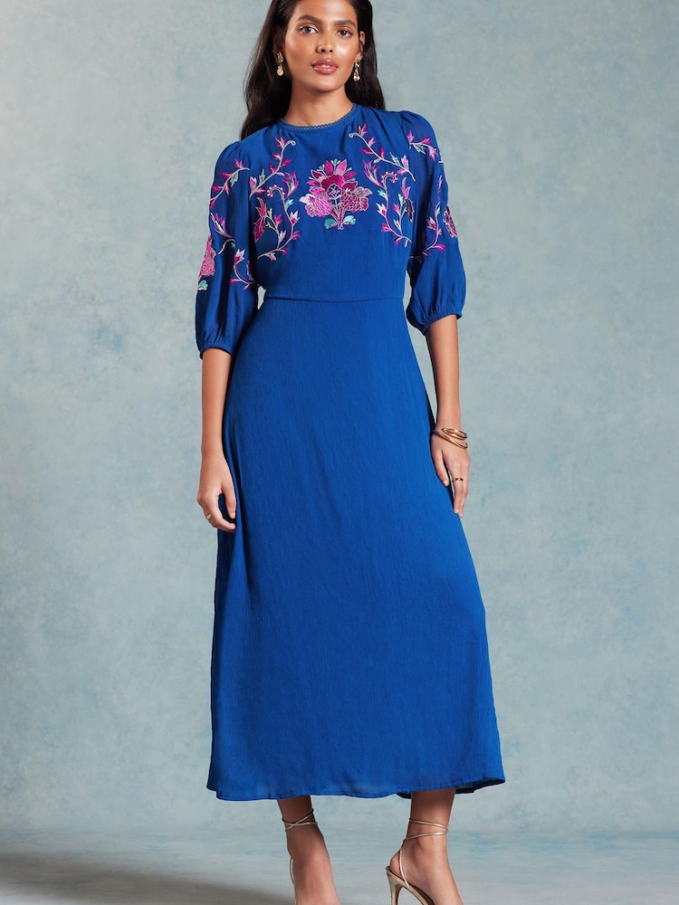 V&A | Love & Roses Blue Embroidered Puff Sleeve Midi Dress - Image 1 of 4 V&A | Love & Roses Blue Embroidered Puff Sleeve Midi Dress - Image 1 of 4