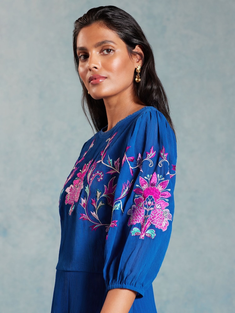 V&A | Love & Roses Blue Embroidered Puff Sleeve Midi Dress - Image 2 of 4 V&A | Love & Roses Blue Embroidered Puff Sleeve Midi Dress - Image 2 of 4