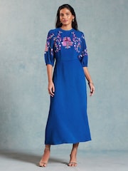 V&A | Love & Roses Blue Embroidered Puff Sleeve Midi Dress - Image 4 of 4