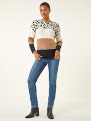 Roman Brown Animal Print Colour Block Jumper - Image 2 of 5