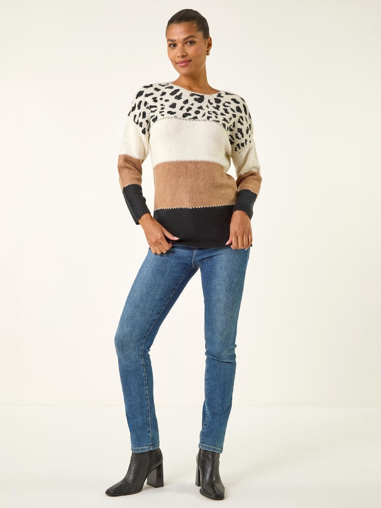 Roman Brown Animal Print Colour Block Jumper - Image 2 of 5 Roman Brown Animal Print Colour Block Jumper - Image 2 of 5