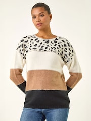 Roman Brown Animal Print Colour Block Jumper - Image 4 of 5