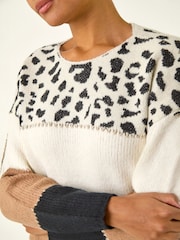 Roman Brown Animal Print Colour Block Jumper - Image 5 of 5