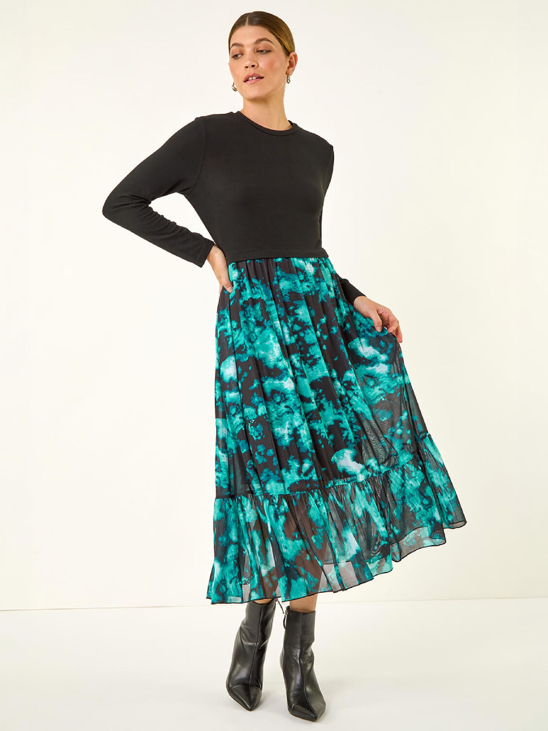 Roman Women's Teal Abstract Print Stretch Midi Dress Size 20 - Image 3