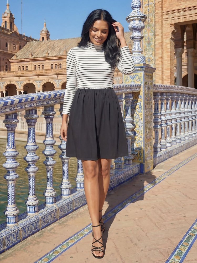 Roman Black Contrast Stripe High Neck Smock Dress - Image 1 of 4 Roman Black Contrast Stripe High Neck Smock Dress - Image 1 of 4
