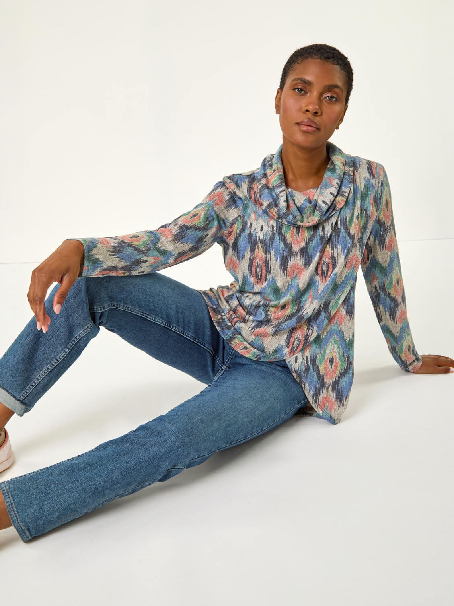 Roman Womens Cowl Neck Crossover Front Printed Top, Blue, Size 20, Women - Image 3