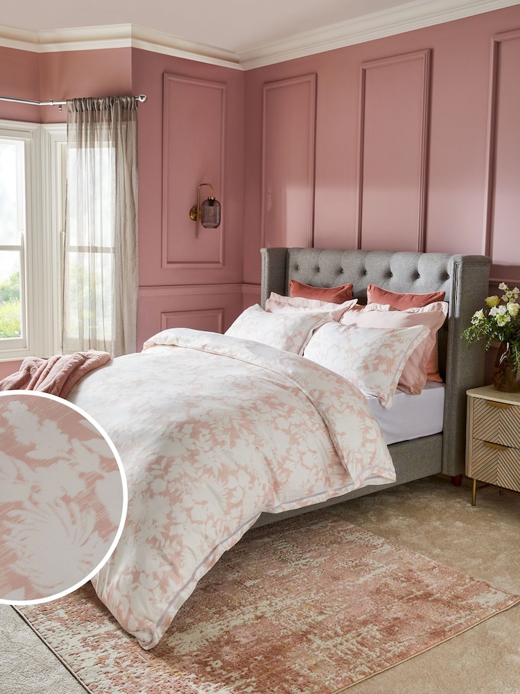 Pink Floral Sateen with Organza Insert Trim Duvet Cover and Pillowcase Set - Image 1 of 6