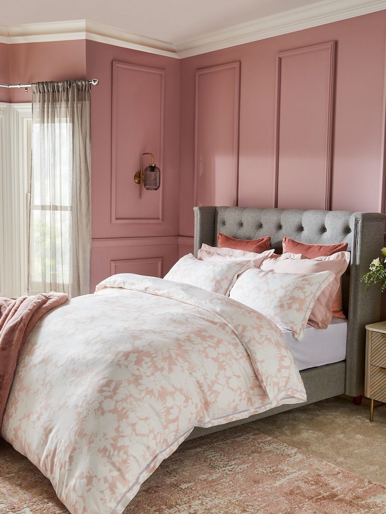 Pink Floral Sateen with Organza Insert Trim Duvet Cover and Pillowcase Set - Image 2 of 6