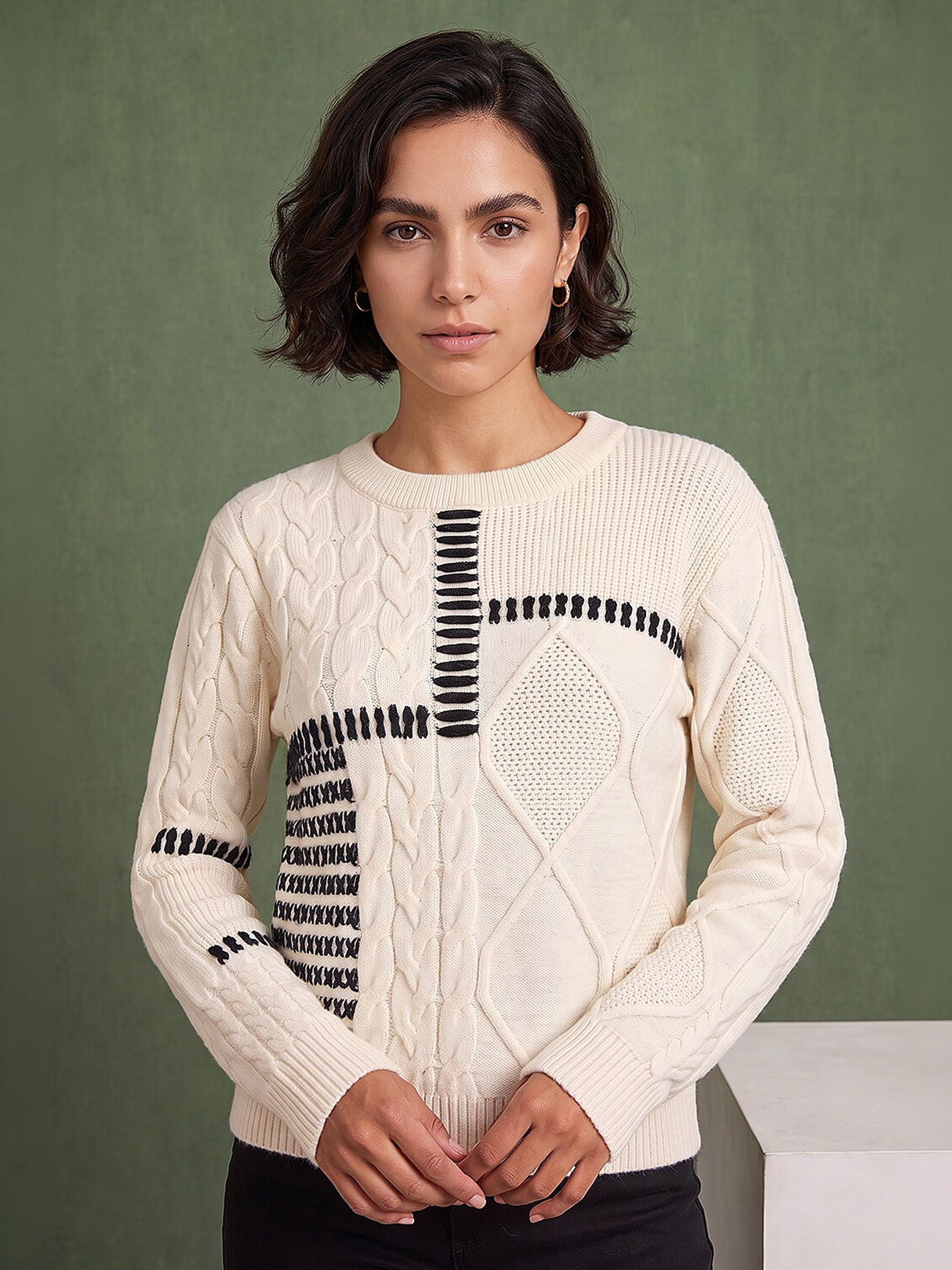 Roman Women's Crew Neck Blanket Cable Knit Jumper in Ivory | Size: 20 - Image 4