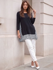 Roman Black Animal Print Contrast Mesh Hem Stretch Top - Image 1 of 4