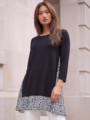 Roman Black Animal Print Contrast Mesh Hem Stretch Top - Image 2 of 4