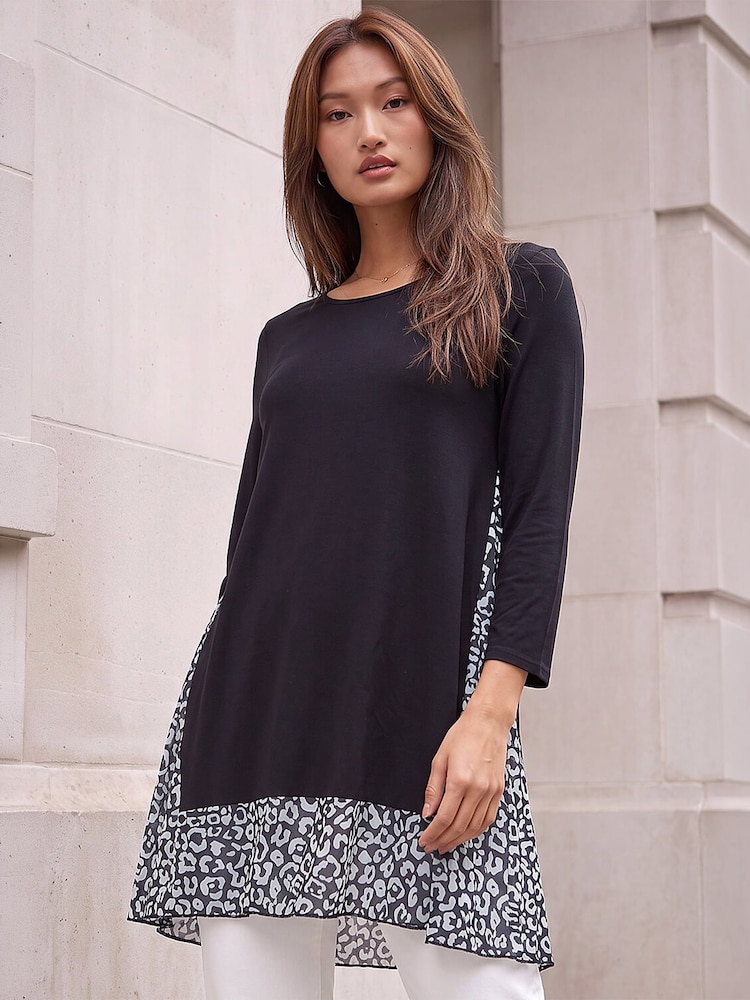 Roman Black Animal Print Contrast Mesh Hem Stretch Top - Image 2 of 4