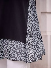 Roman Black Animal Print Contrast Mesh Hem Stretch Top - Image 4 of 4